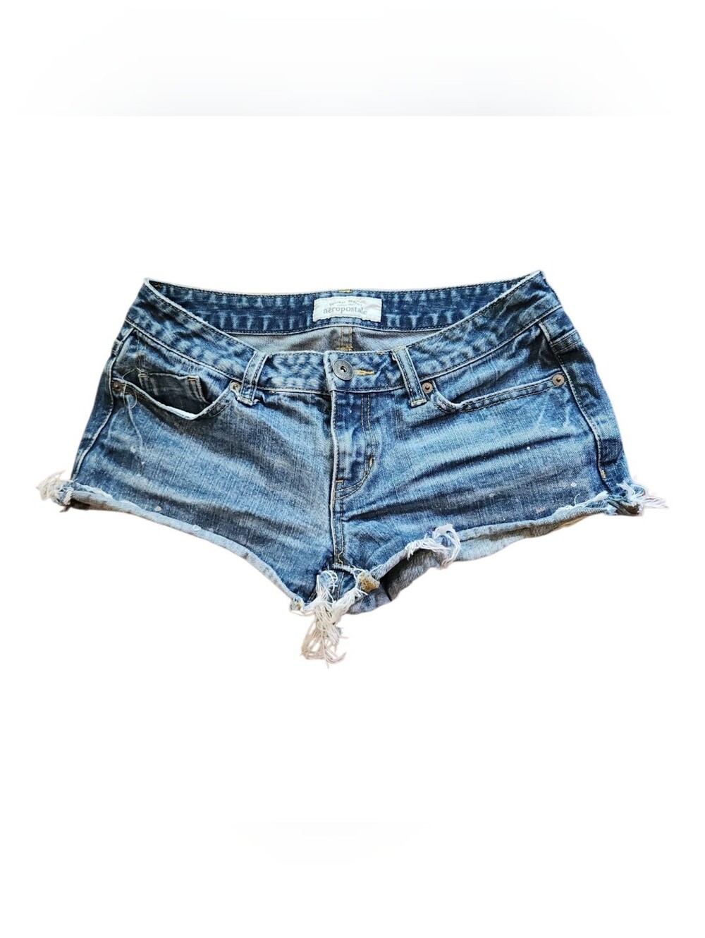 Y2K Aeropostale Low Rise Denim Micro Mini Shorts Womens Size 3/4 Paint Splatter